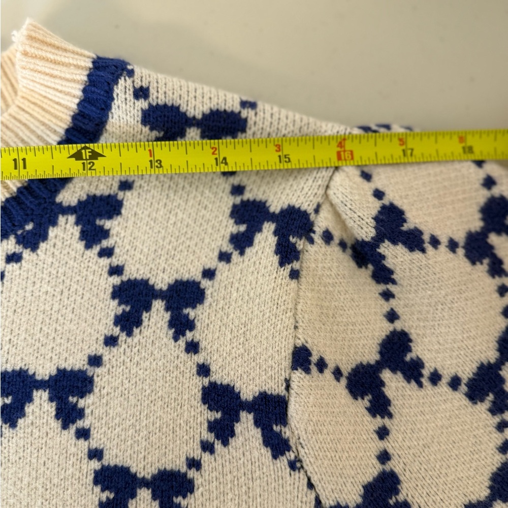 THML Blue Bow Lattice Short Sleeve Knit Sweater Cream Navy Preppy Cottagecore - Picture 7 of 9